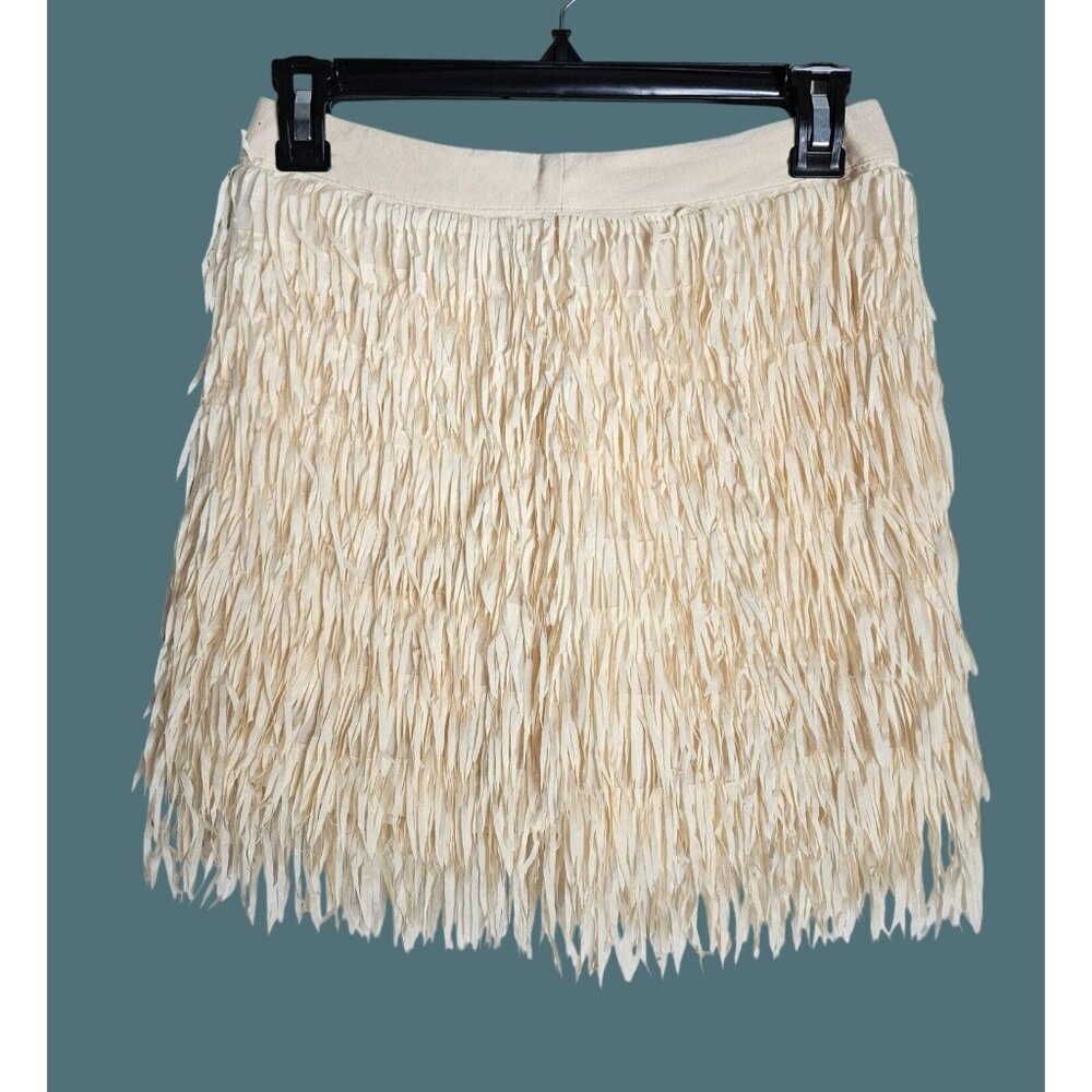 POL Cream Fringe Flapper Festival Coastal Cowgirl Lined Mini Skirt Women S